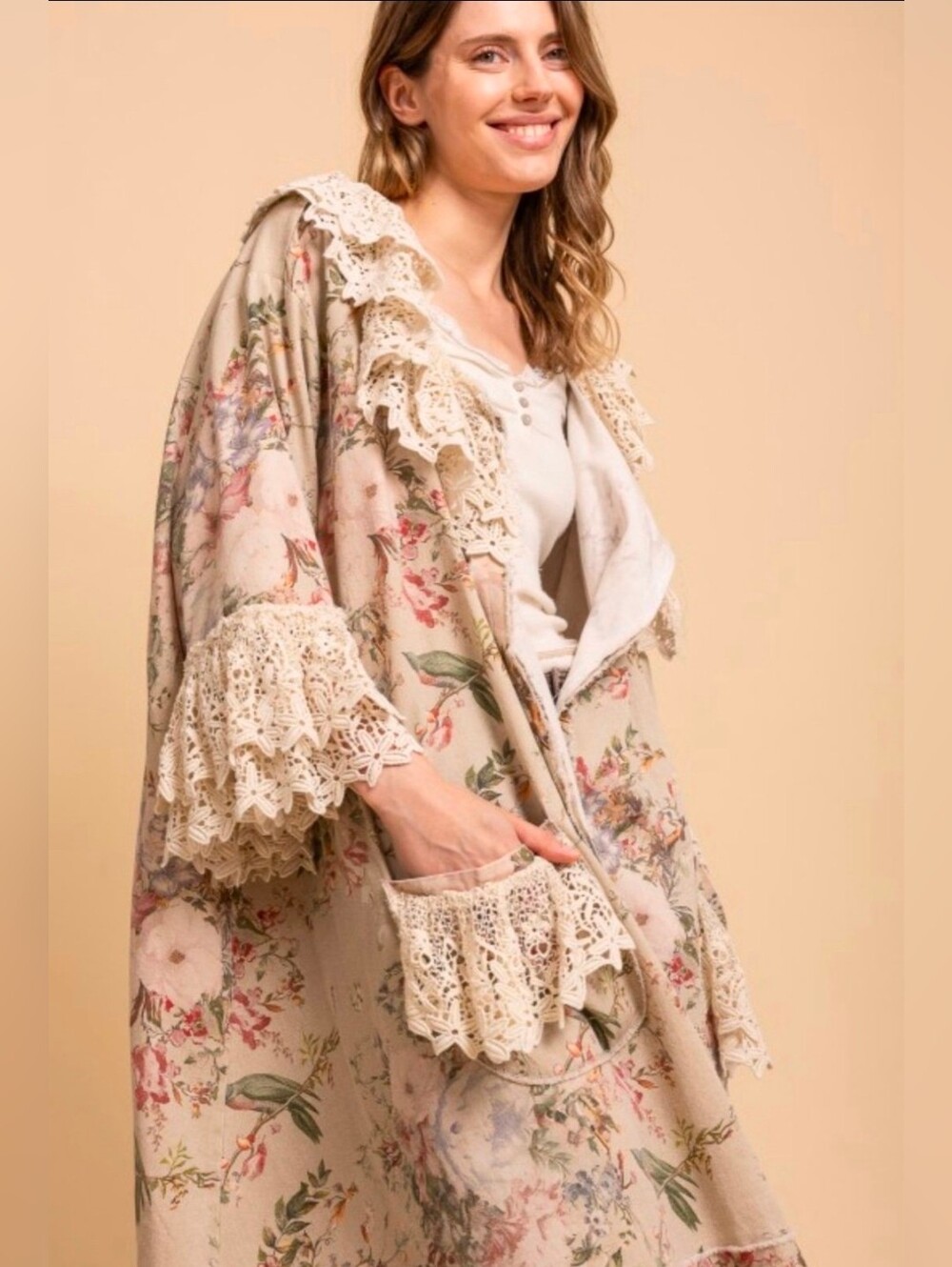 Magnolia Pearl Style English Rose Duster Jacket With Lace Trim  - Size S - XXL